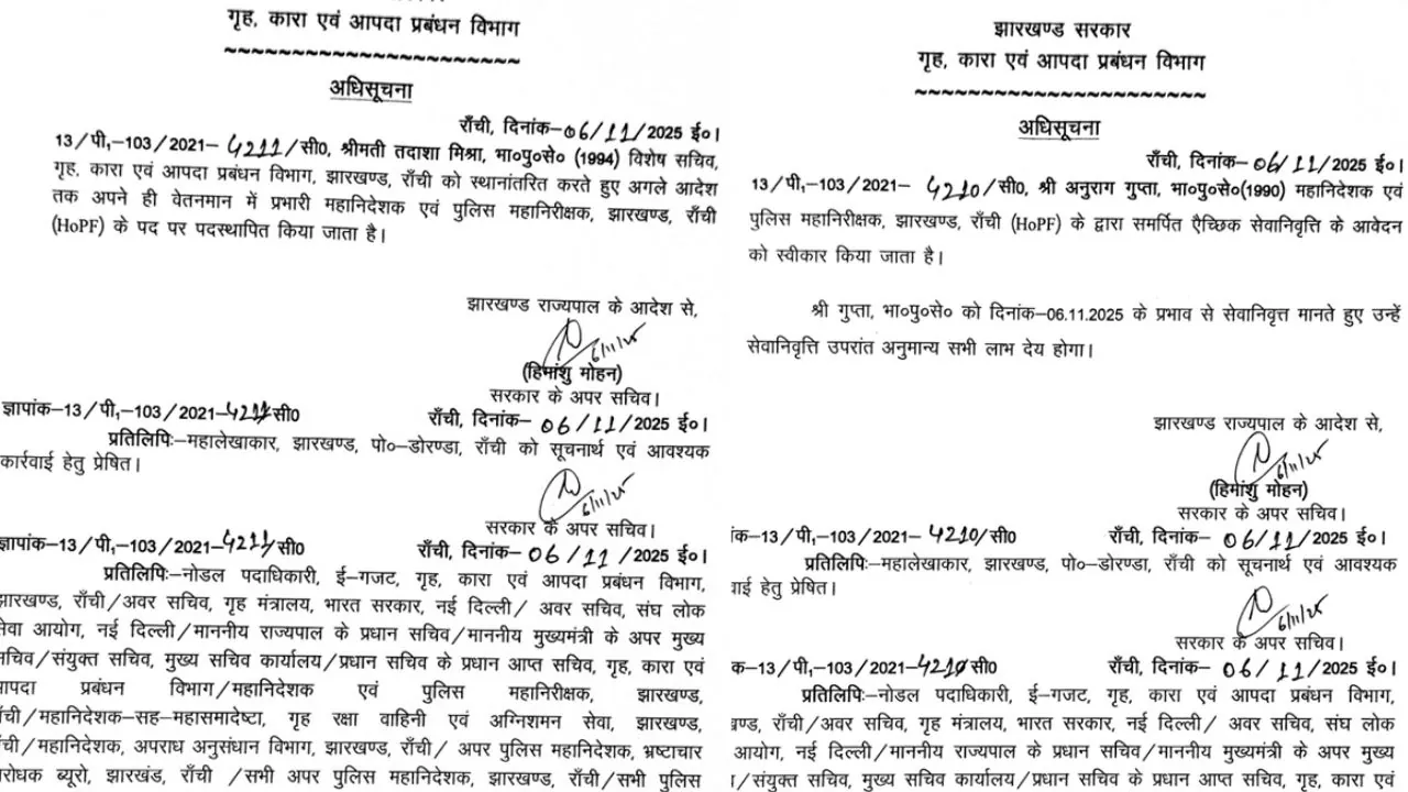 तदाशा मिश्रा बनीं झारखंड की प्रभारी DGP, अनुराग गुप्ता के इस्तीफे को सरकार ने किया स्वीकार